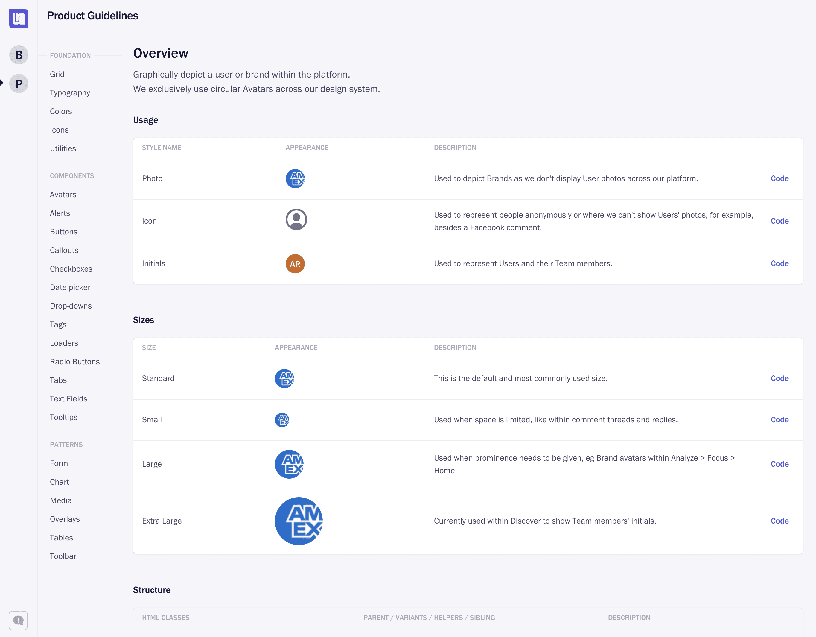Documentation showing styles and code
